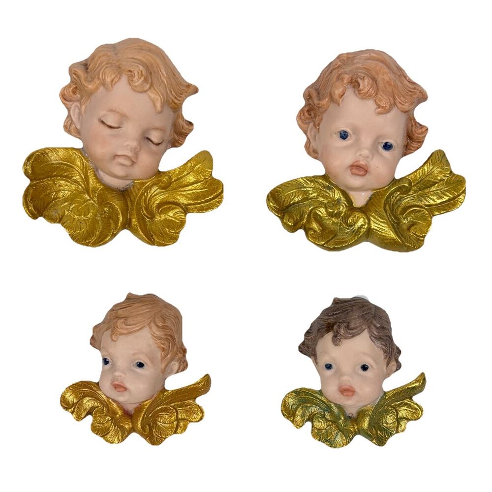 Scioto Hand Painted Bisque Angel Cherub Wall Hanging Ornament Lot Of 4 VTG 1987